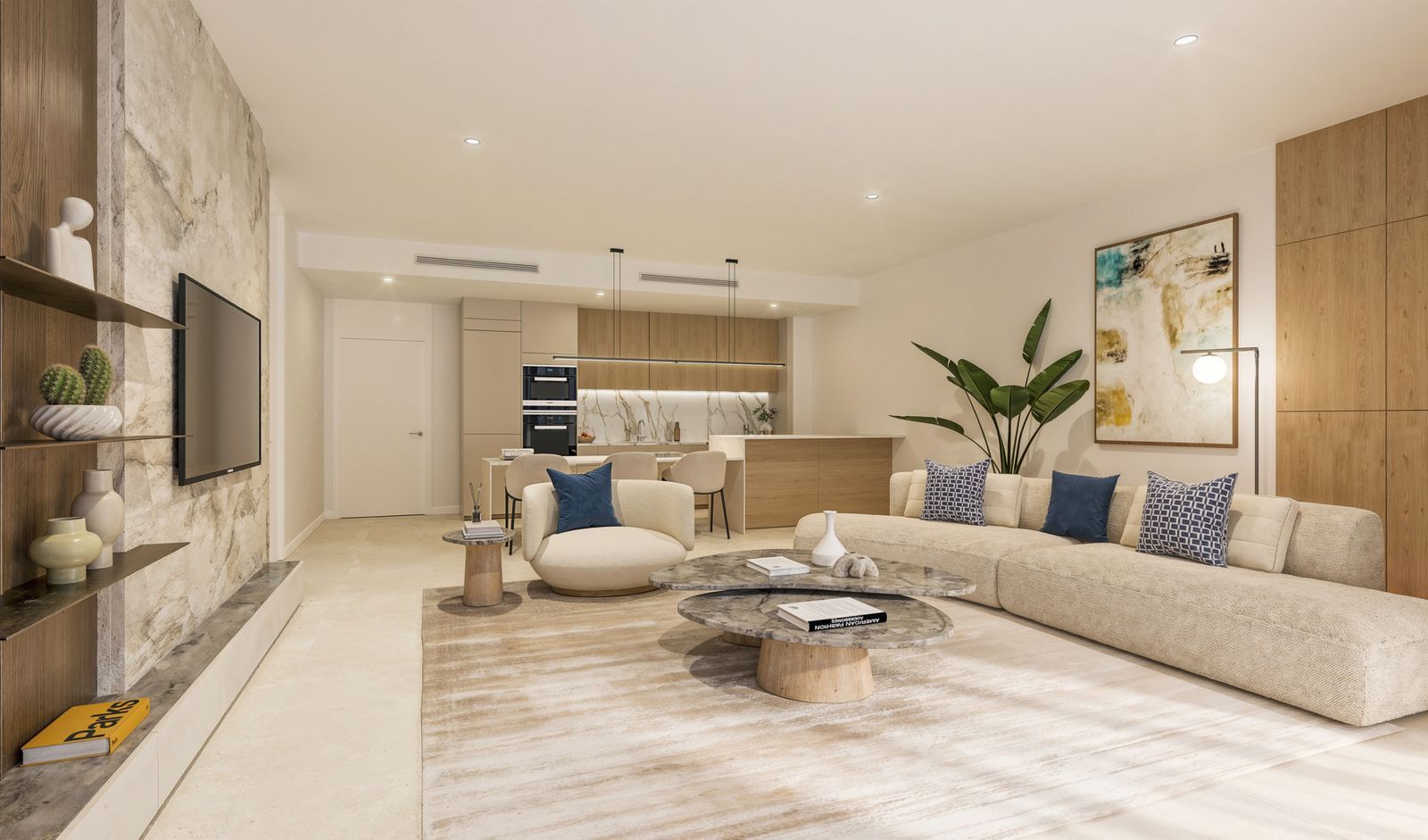 Modern living room with a dining area, large windows, and a cozy seating arrangement.